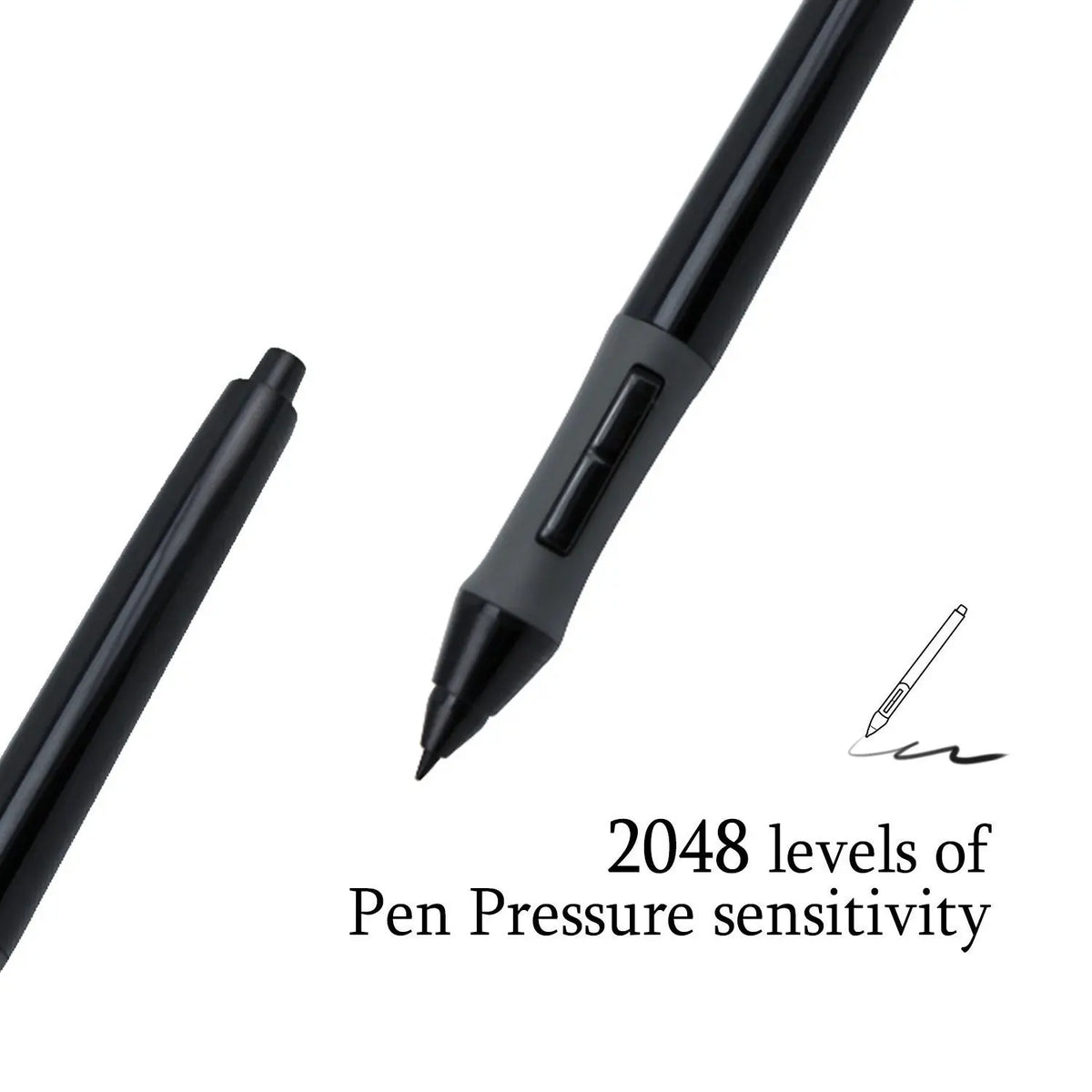 A black professional graphic digital drawing pen showing 2048 levels of pen pressure sensitivity.
