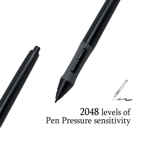 A black professional graphic digital drawing pen showing 2048 levels of pen pressure sensitivity.