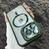 A hand holds a green magnetic shockproof phone case for an iPhone displaying the Apple logo.