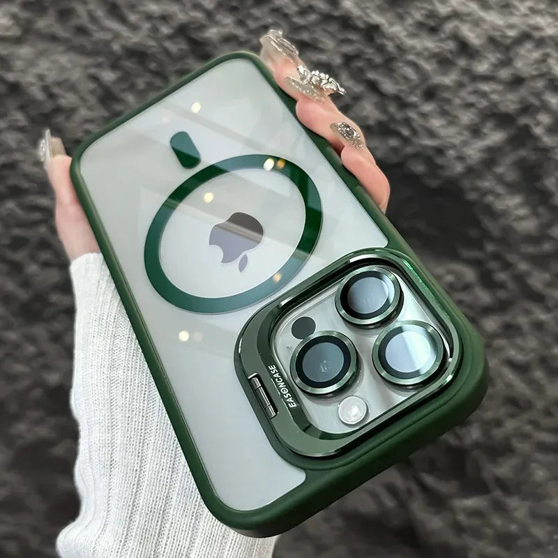 A hand holds a green magnetic shockproof phone case for an iPhone displaying the Apple logo.