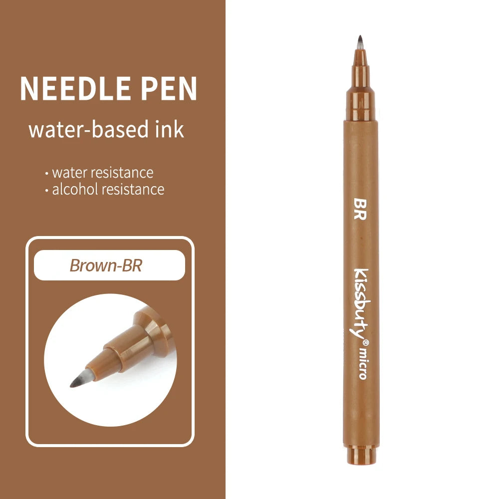A brown needle pen with a gold tip labeled BR, shown standing vertically.