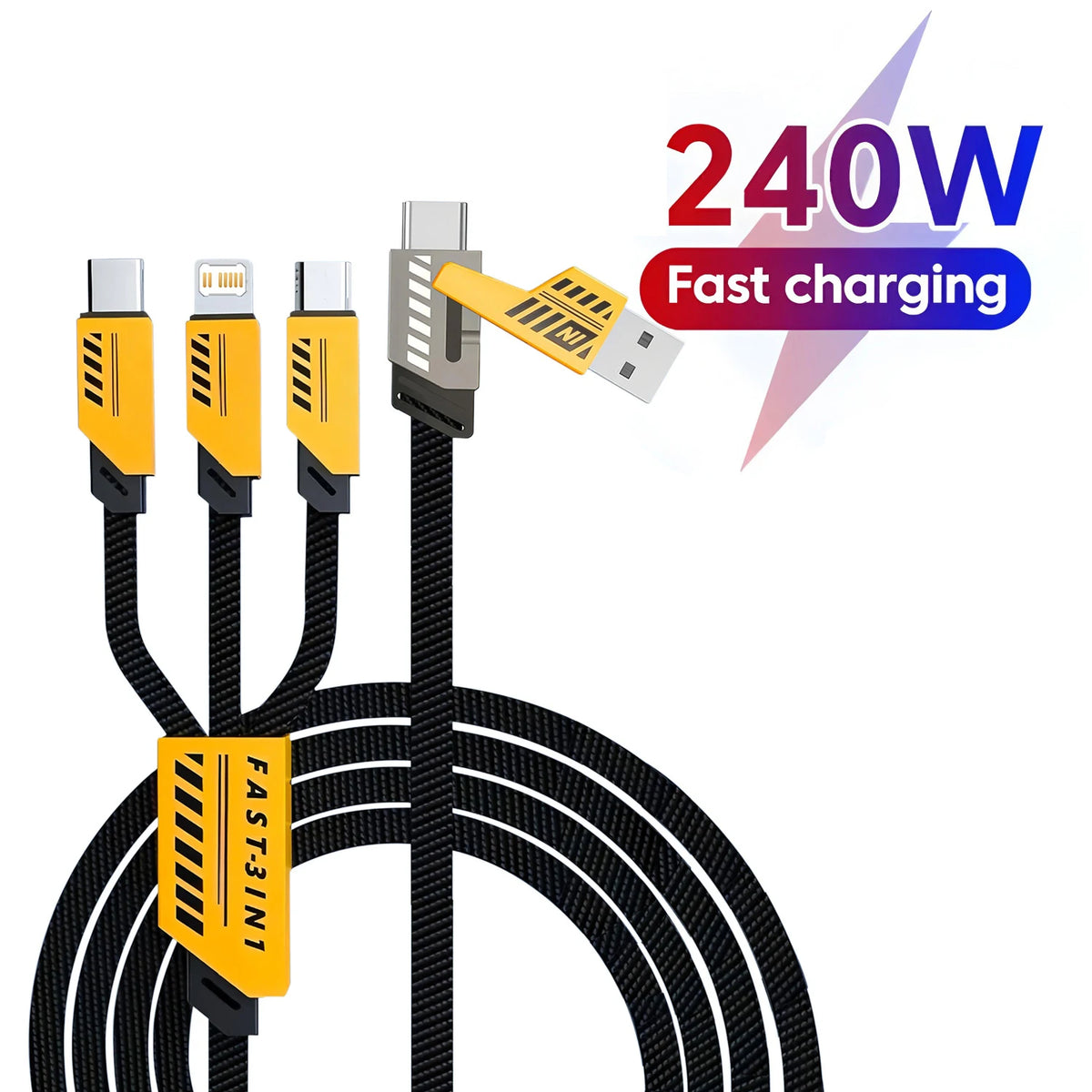 A yellow and black 3-in-1 multi-USB fast charging cable with three connectors shown next to a 240W fast charging graphic.