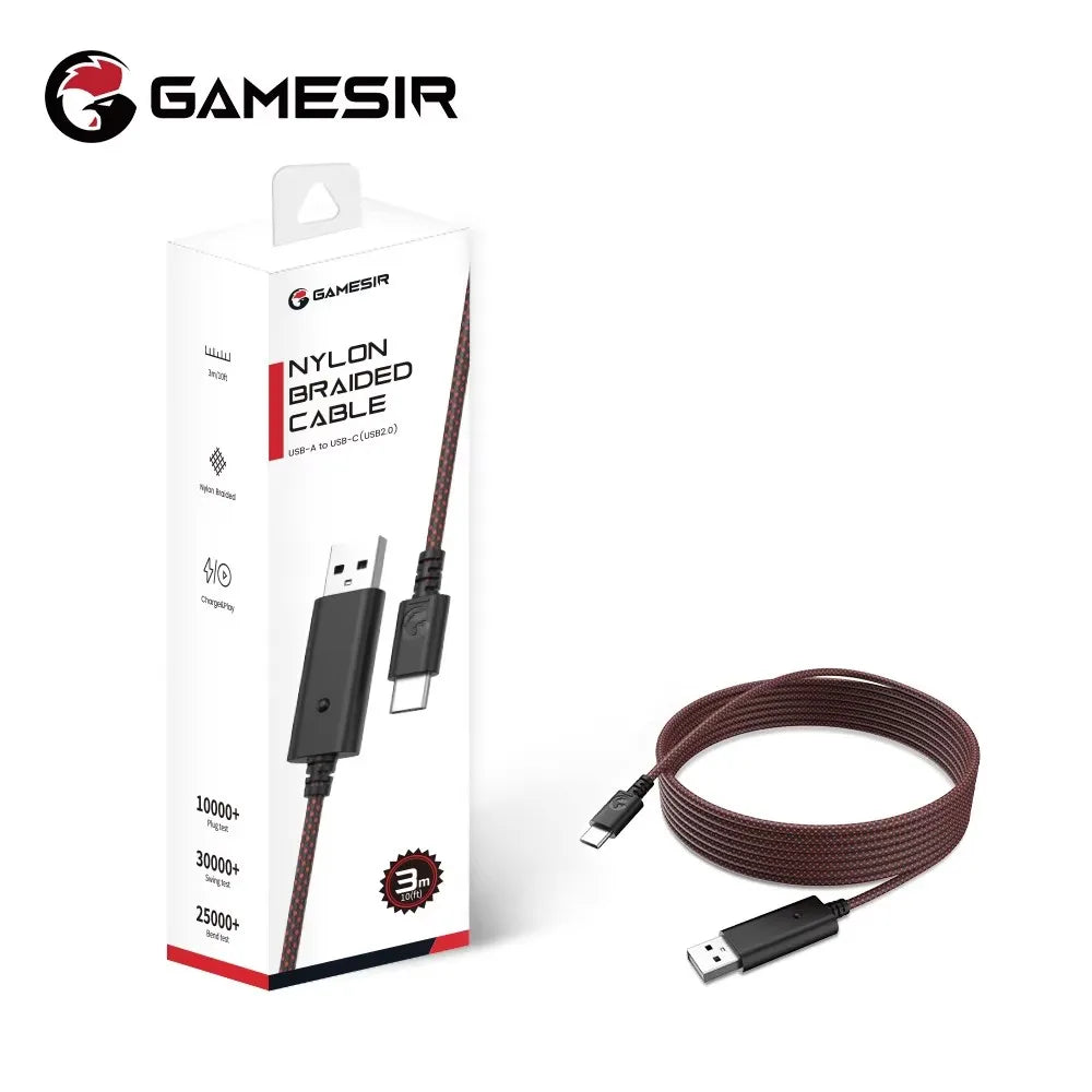 A box and coiled nylon braided charging cable for a game controller, featuring a black connector.