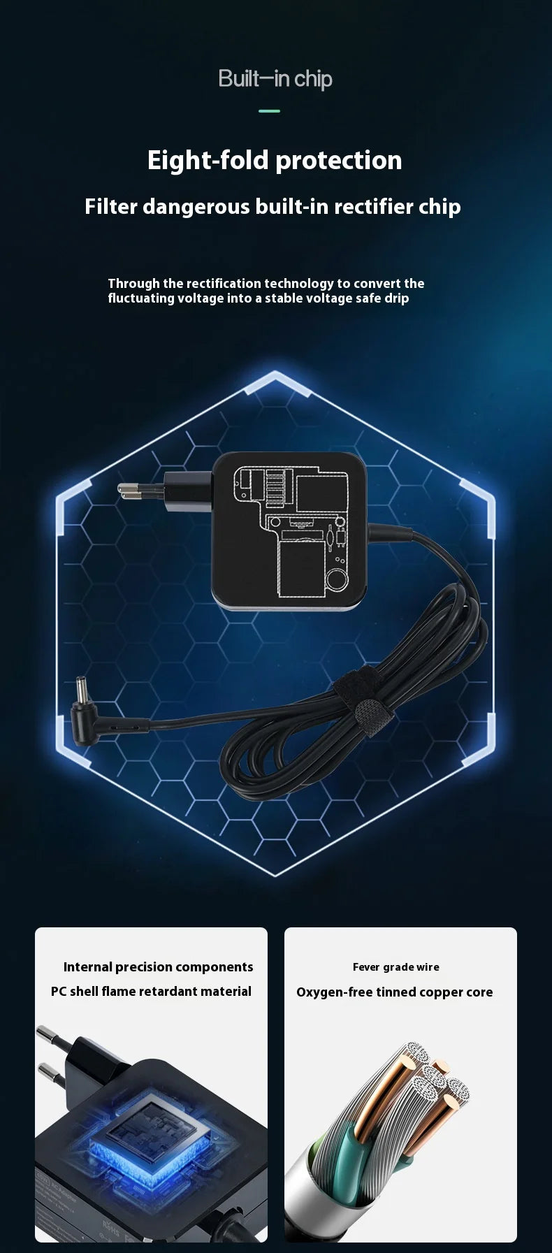 A close-up view of a built-in rectifier chip and components for a universal 45W laptop charger adapter.