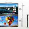 A portable monitor with a 14-inch screen showing a landscape and a close-up of a hot air balloon.