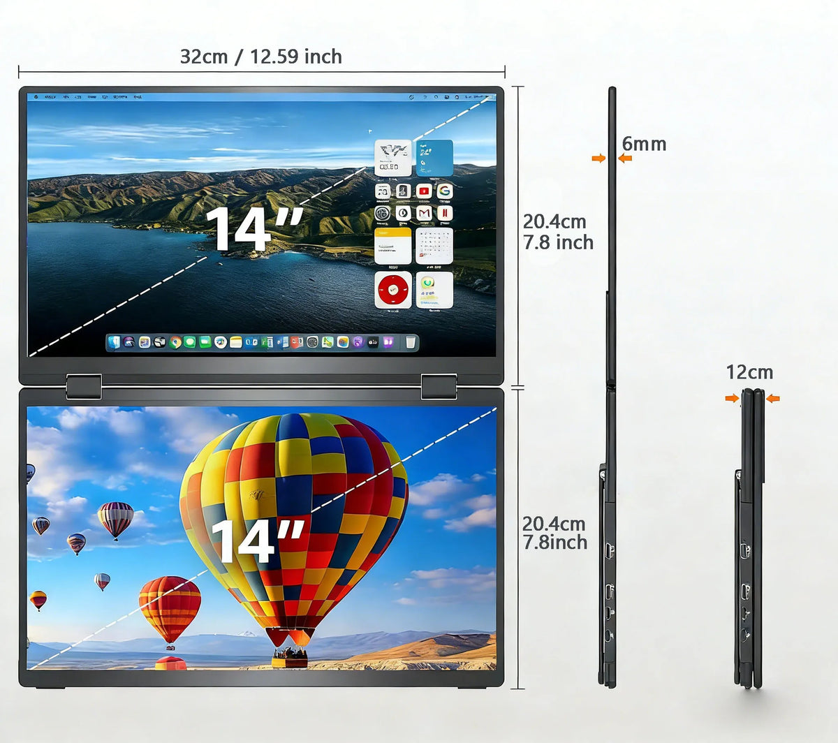 A portable monitor with a 14-inch screen showing a landscape and a close-up of a hot air balloon.