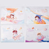 A set of four cute cartoon transparent document pouches featuring characters in a whimsical style.