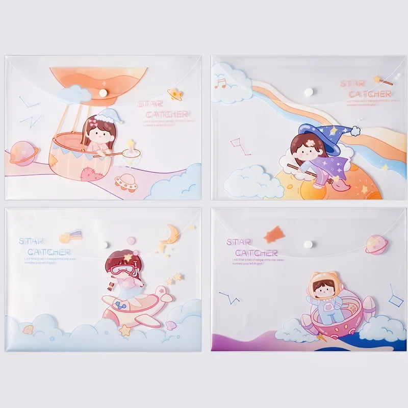 A set of four cute cartoon transparent document pouches featuring characters in a whimsical style.