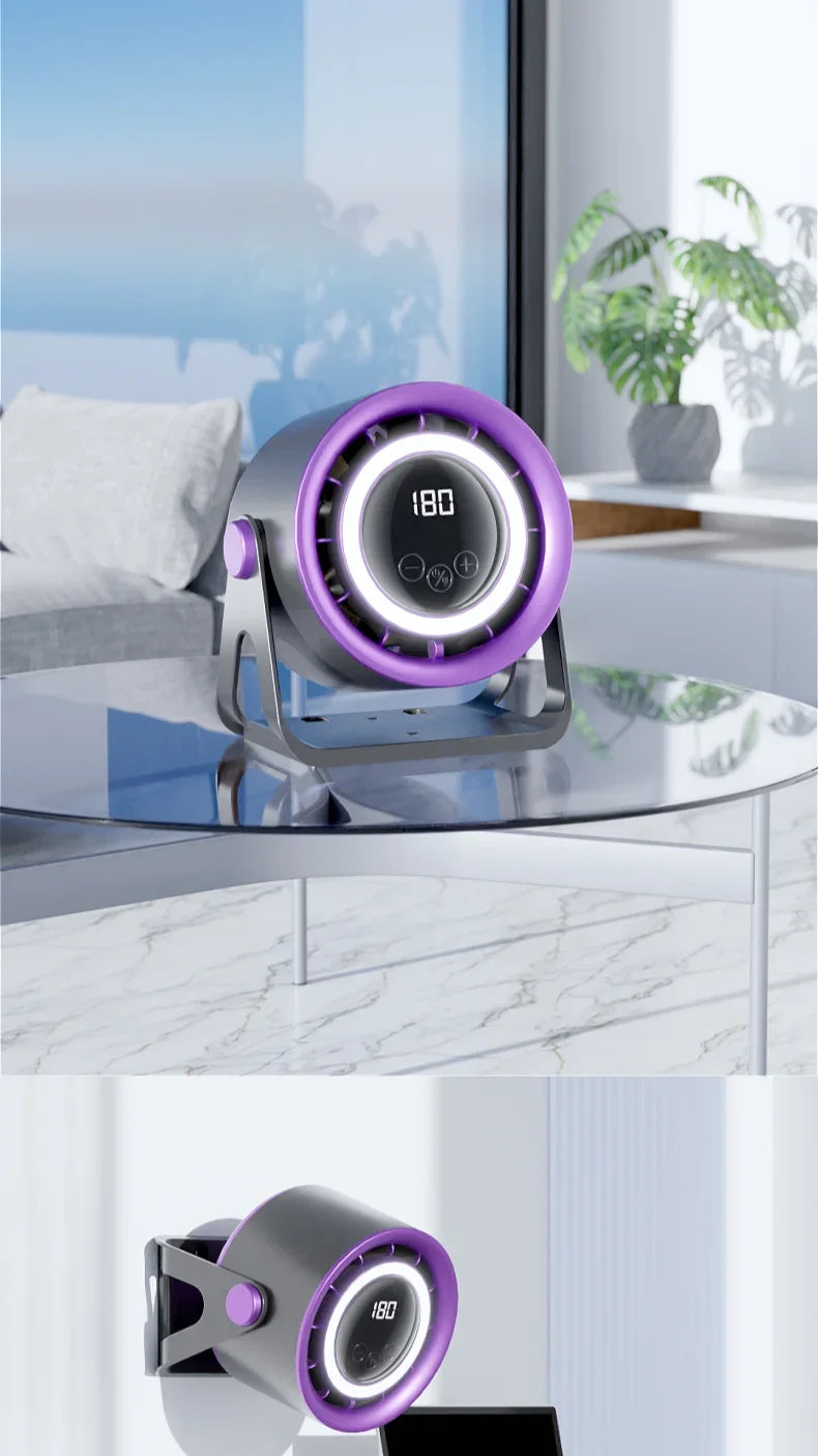 A portable rechargeable desk fan with ambient light is displayed on a glass table next to a window.