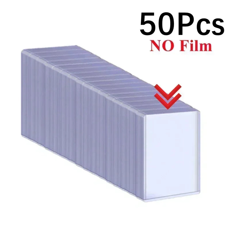 A rectangular block of clear protective card sleeves with anti-scratch film, shown from the side.