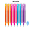 A set of 14 packs of refillable pens in various bright colors, including orange, pink, and blue.