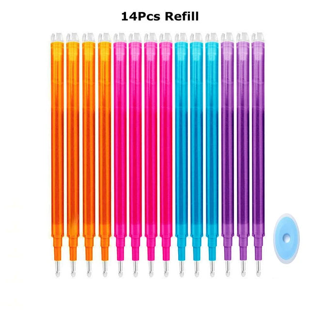 A set of 14 packs of refillable pens in various bright colors, including orange, pink, and blue.