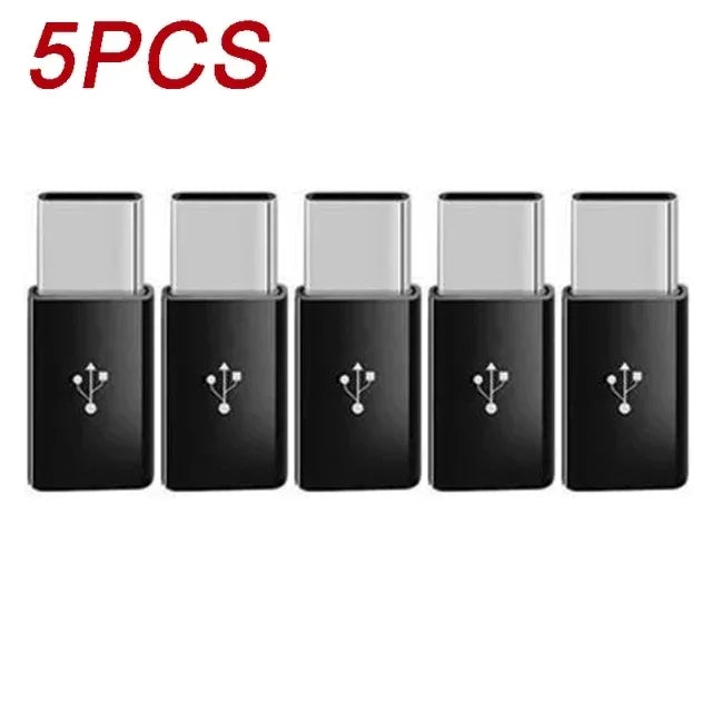 Five black adapters for converting USB Type-C to Micro USB connections.