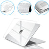 A clear hard shell laptop case with a keyboard cover and screen protector shown in various angles.