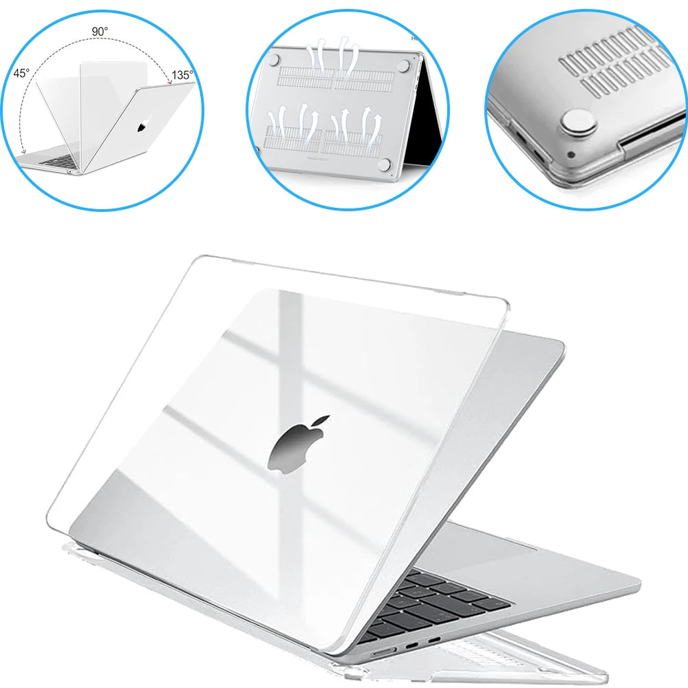 A clear hard shell laptop case with a keyboard cover and screen protector shown in various angles.
