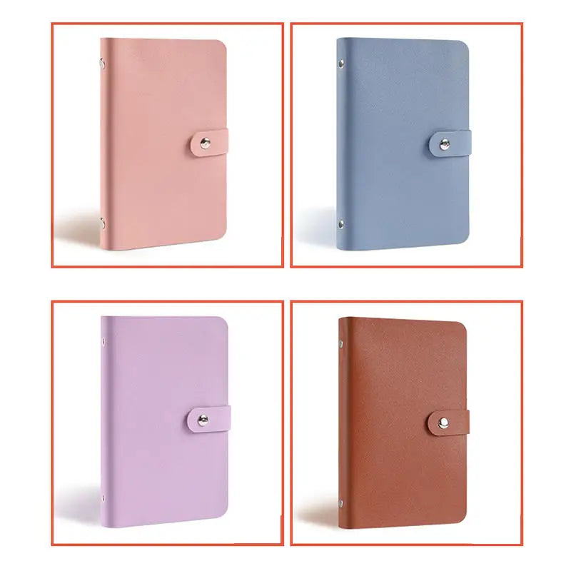 Three versions of a reusable envelope money saving challenge binder in pink, blue, and purple colors.