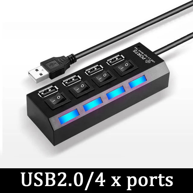 A black USB hub with four ports, featuring individual power switches and blue LED indicators.