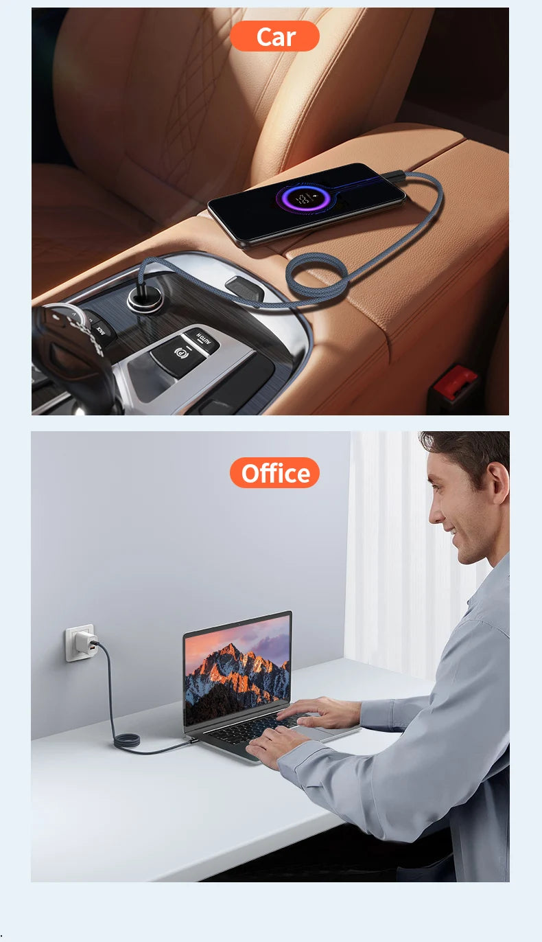 A magnetic suction charging cable is shown resting on a leather seat, next to an office laptop.