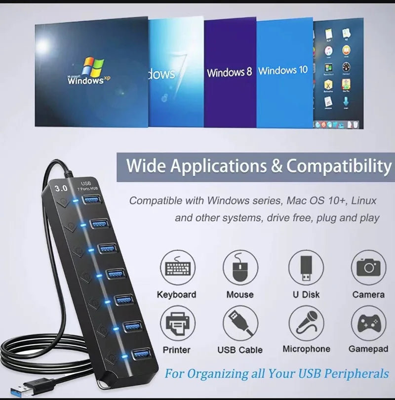 موزع USB 3.0 متعدد المنافذ باللون الأسود مع مؤشر LED يوضح التوافق مع مختلف الأجهزة الطرفية.