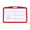Porta identificación de plástico rojo con líneas en blanco para nombre, departamento y puesto.