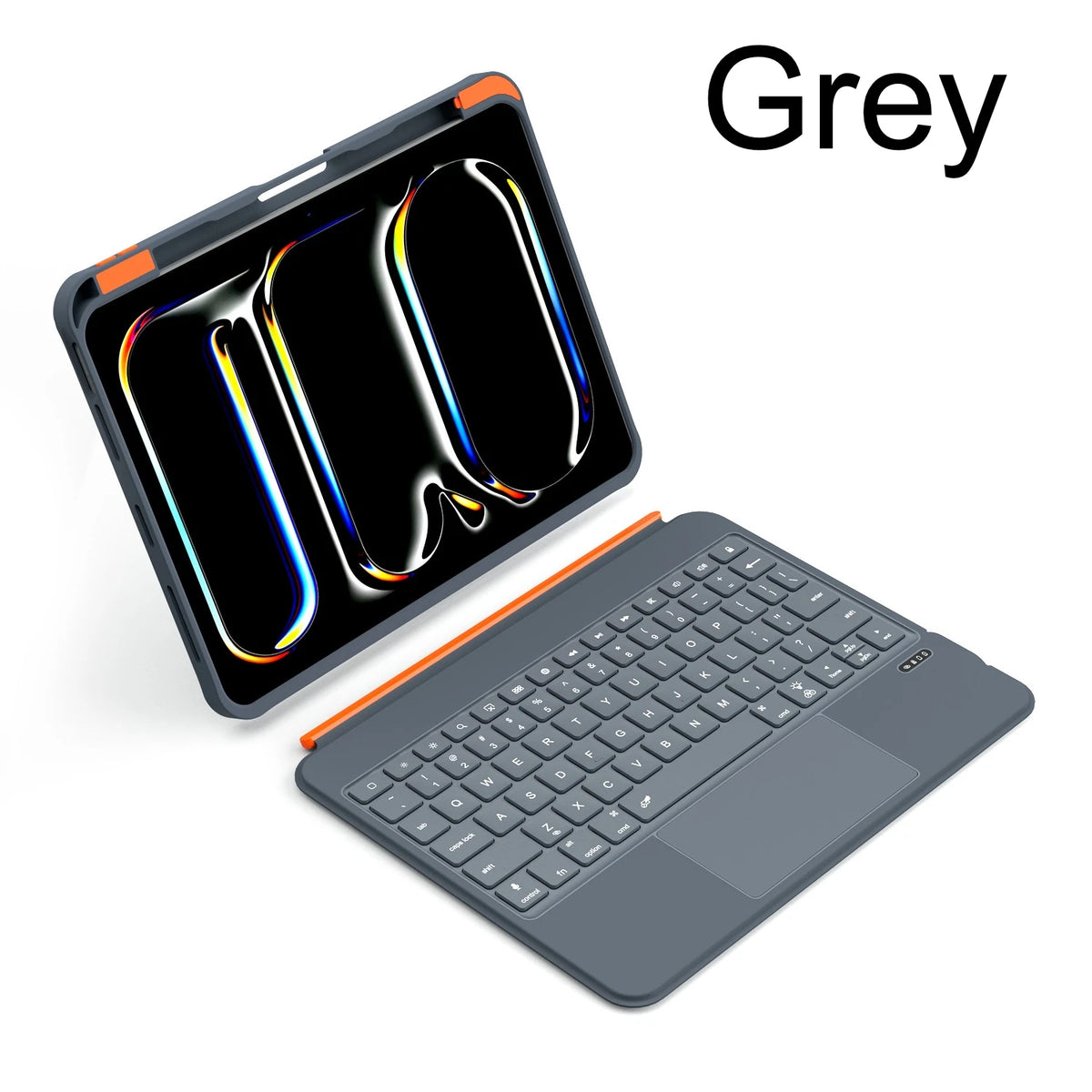 A grey 360° rotating keyboard case for an iPad showing the device and its accessory.