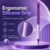 A purple ergonomic silicone grip stylus pen is shown on a stand with features like soft touch and anti-slip design.