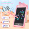 A pink LCD drawing board tablet with a stylus is shown next to various features like one-click erase, reusable surface, and s