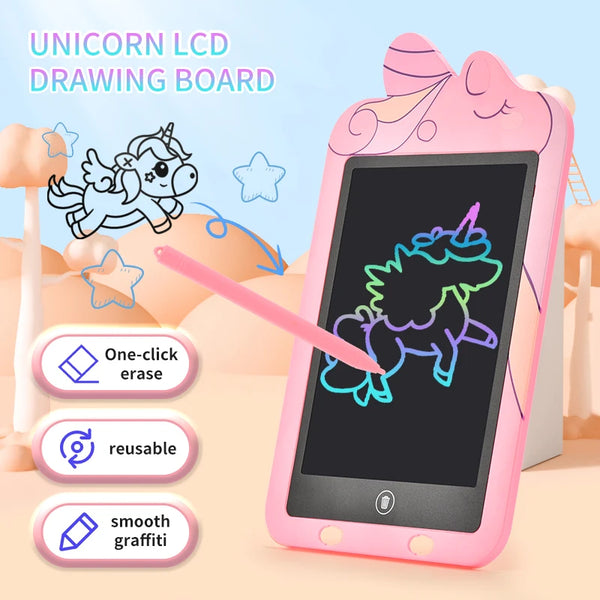 A pink LCD drawing board tablet with a stylus is shown next to various features like one-click erase, reusable surface, and s