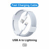 A white USB A to Lightning fast charging cable coiled and displayed against a white background.