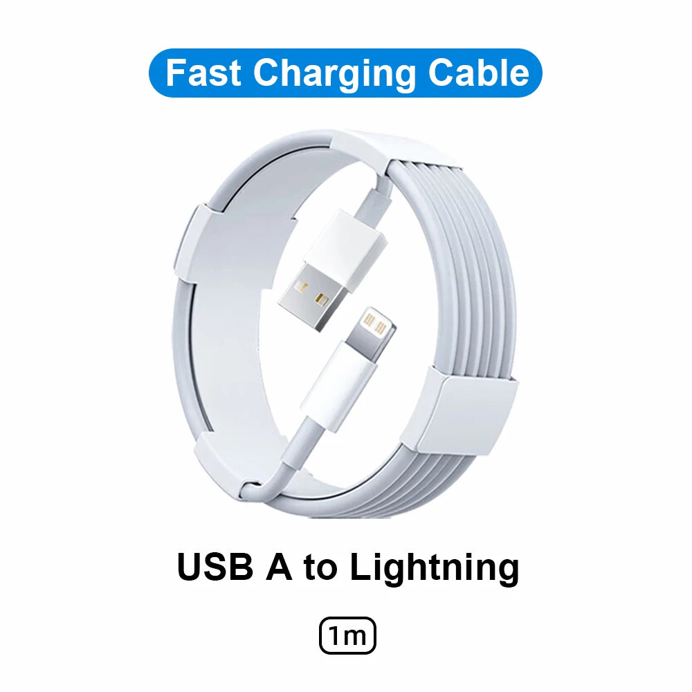 A white USB A to Lightning fast charging cable coiled and displayed against a white background.