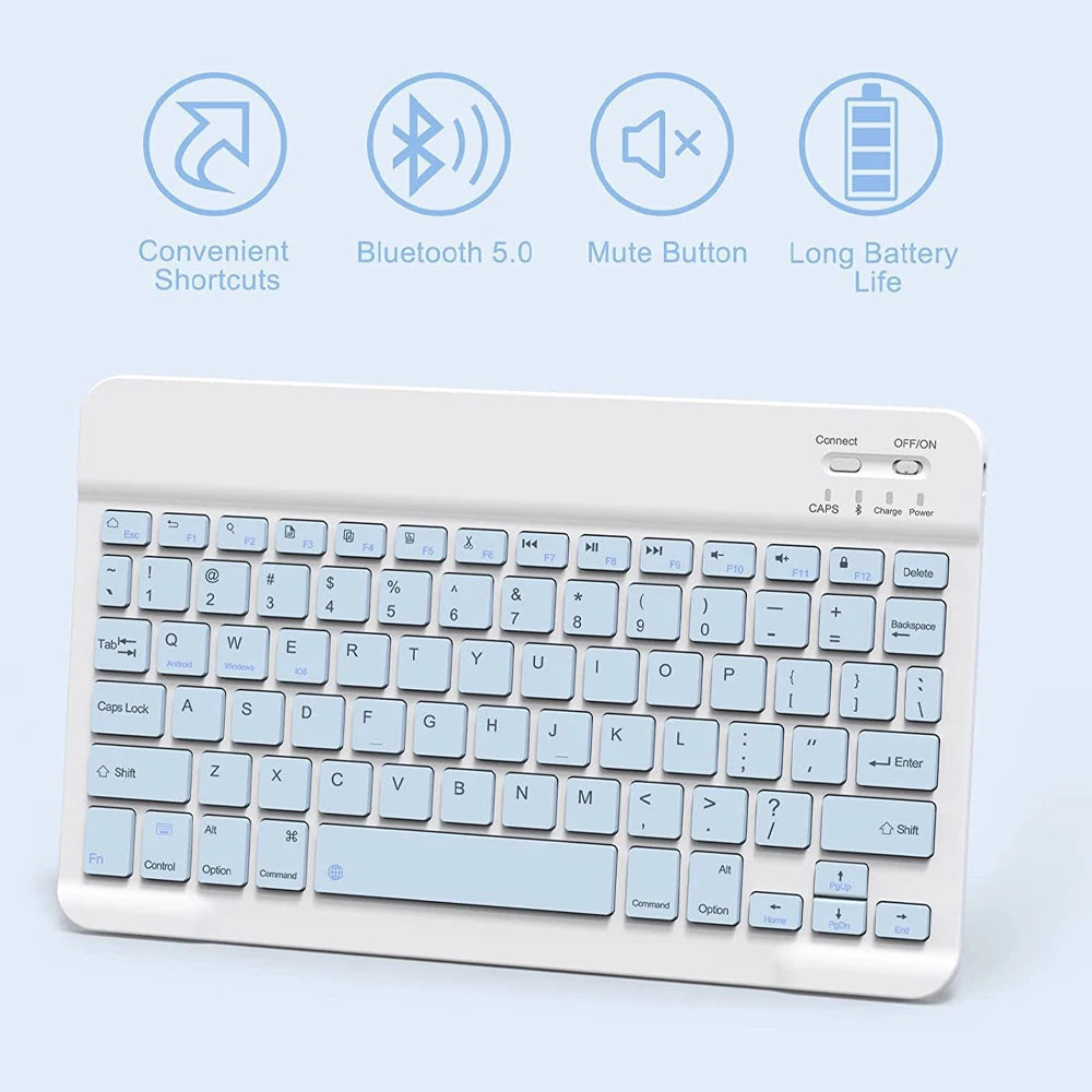 A white magnetic keyboard case for an iPad Pro, showing features like Bluetooth 5.0 and a mute button.