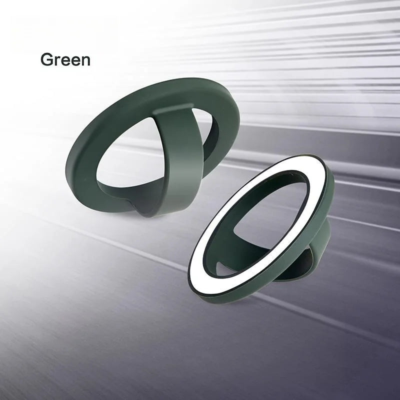A green magnetic silicone phone grip with a foldable stand shown in various angles.