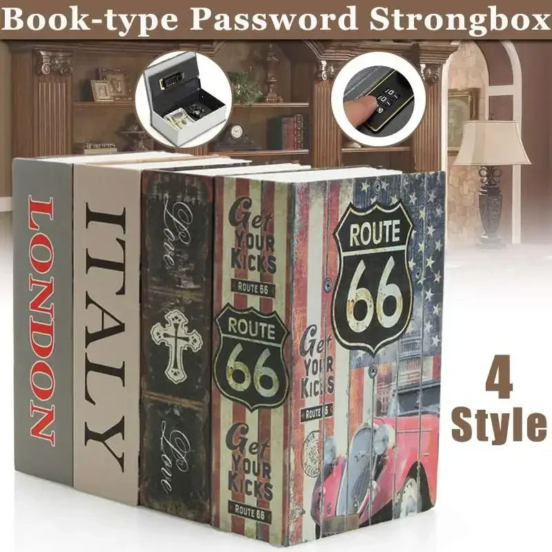 A box-type password strongbox with multiple styles is shown next to a wooden cabinet.