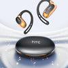 HTC open-ear headphones shown with a charging case and technical features listed.