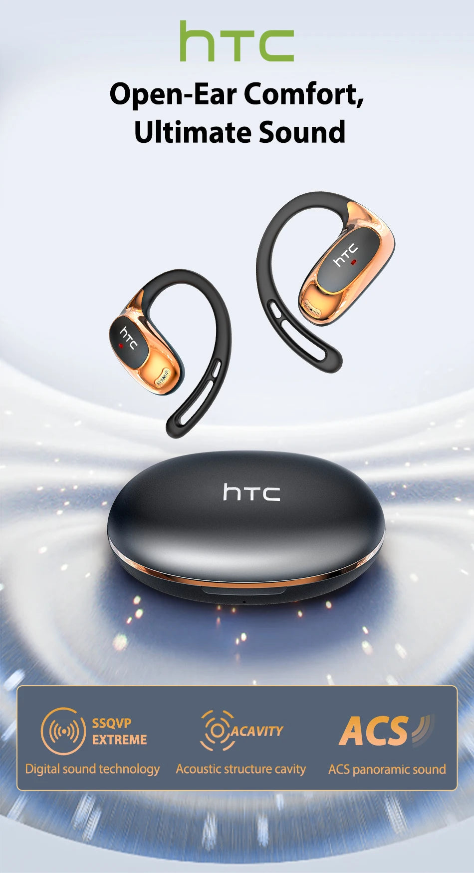 HTC open-ear headphones shown with a charging case and technical features listed.