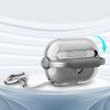 A clear silicone lock case for AirPods is shown with a charging cable, demonstrating its protective features.