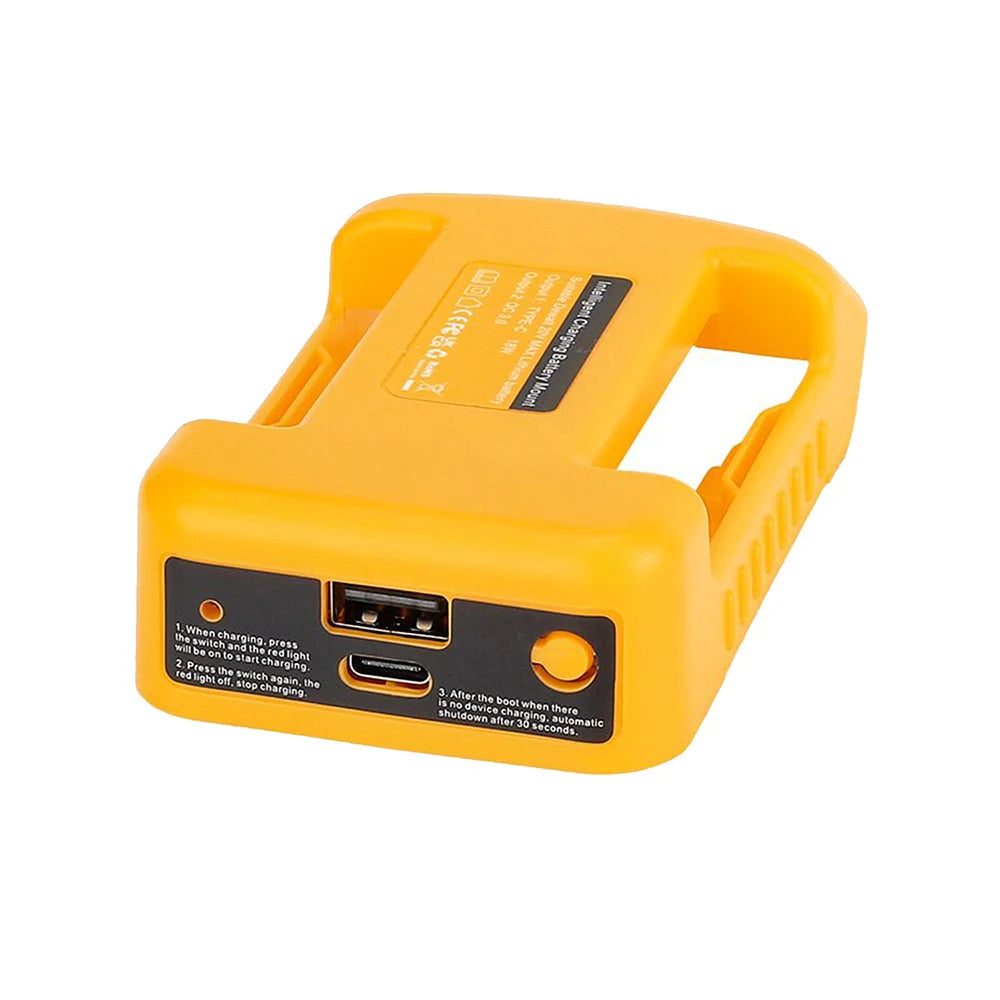 Geliges universelles Elektrowerkzeugbatterieadapter mit rechteckigem Gehäuse und gelbem Griff.