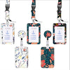 A set of five floral retractable badge reels with lanyards and card holders in various patterns.