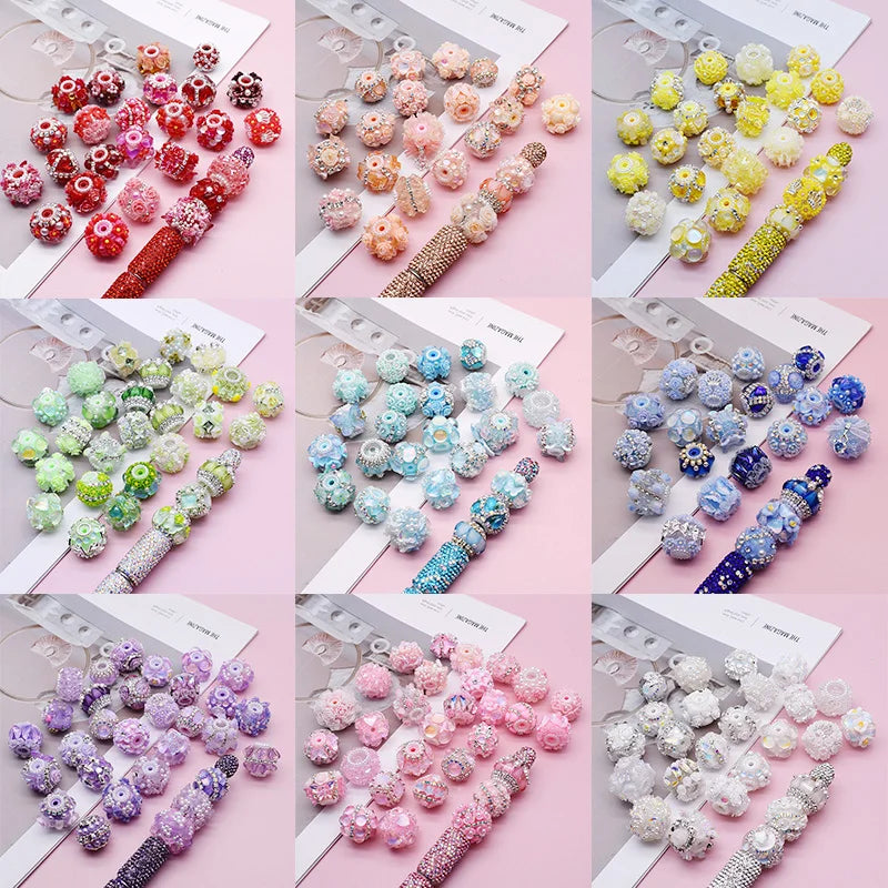 Assortment of colorful handmade acrylic flower beads for jewelry making displayed in various arrangements.