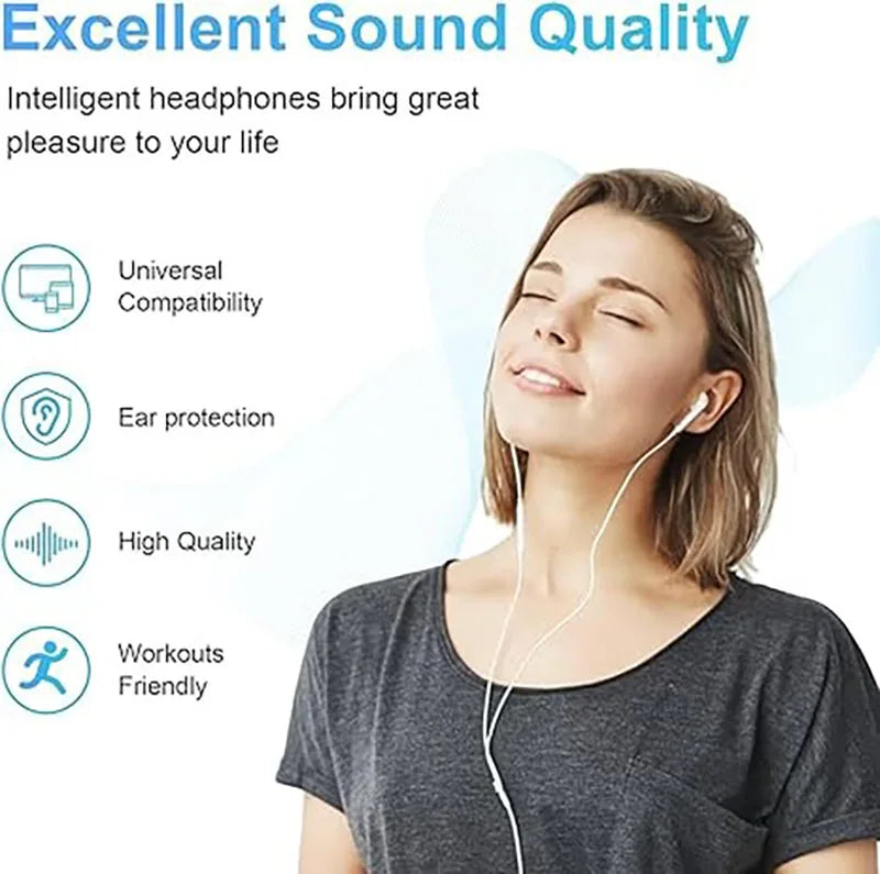 A woman is listening to headphones, demonstrating excellent sound quality and features like universal compatibility and ear p