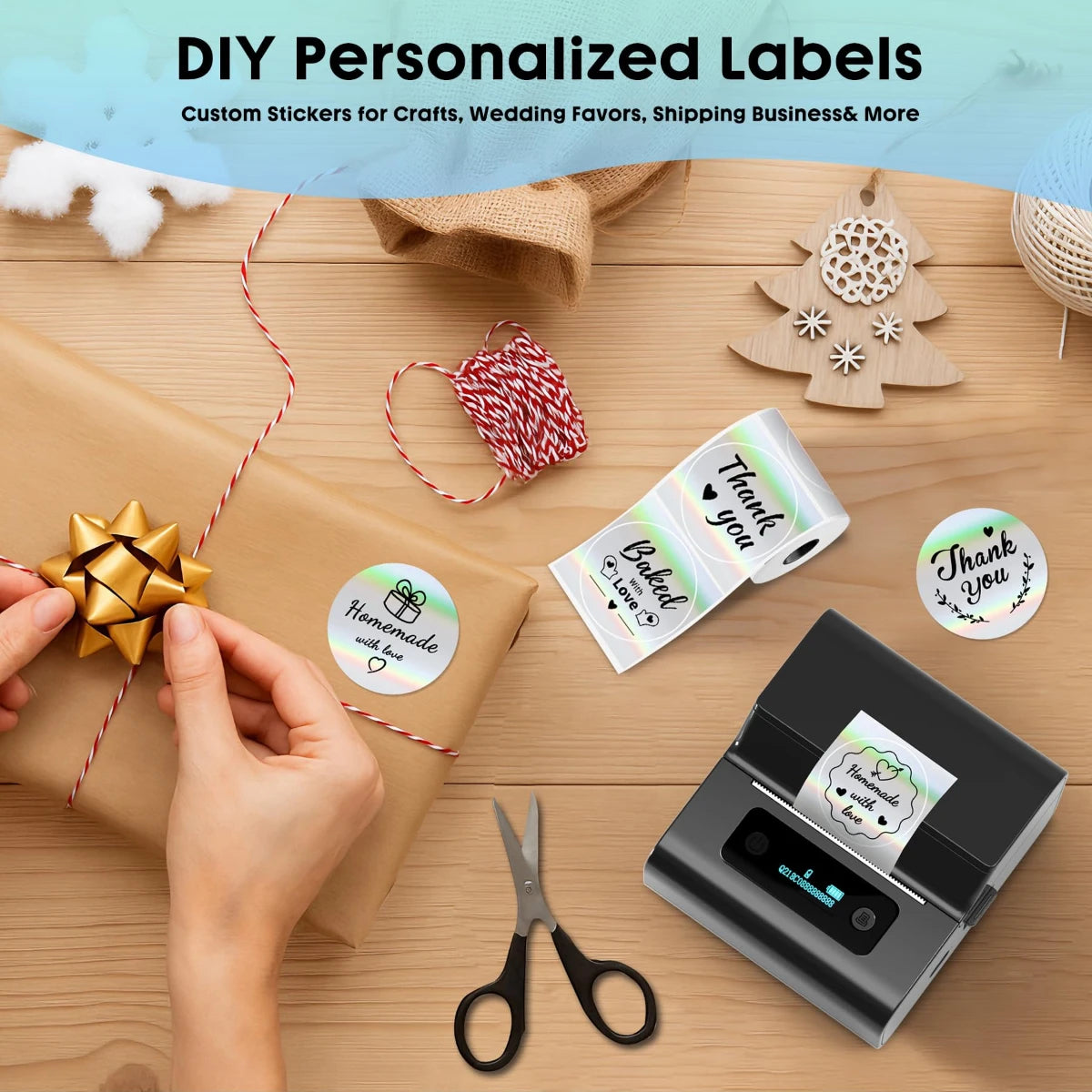 Hands are applying round thermal sticker labels to a brown paper bag and a black machine for DIY personalized labels.