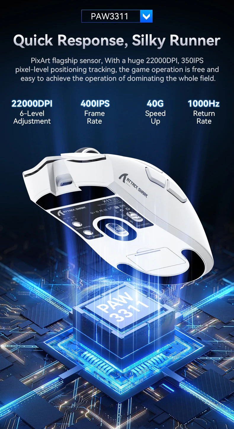 White Attack Shark X11 SE wireless gaming mouse displayed above a glowing blue circuit board.