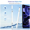 A white fiber tip disc tip writing pen is shown next to a tablet, demonstrating its use for office, painting, and gaming.