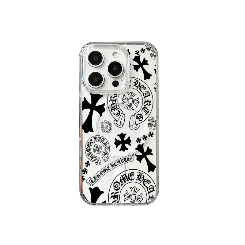 Clear acrylic phone case featuring Chrome Hearts motifs including crosses and floral designs