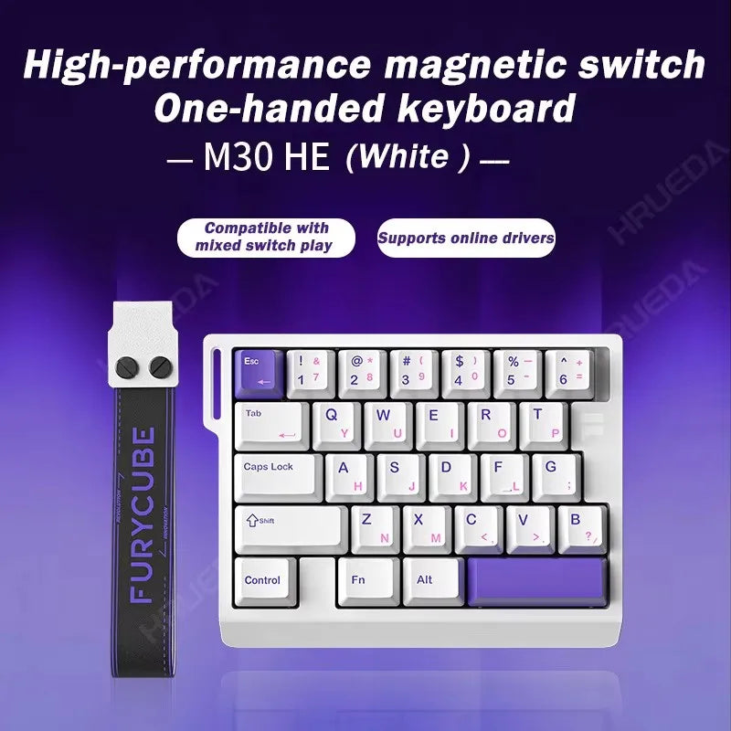 A white M30 HE magnetic switch one-handed keyboard with a black cable shown next to the assembled keyboard.