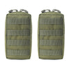 A pair of olive green tactical MOLLE utility pouches with webbing and straps.
