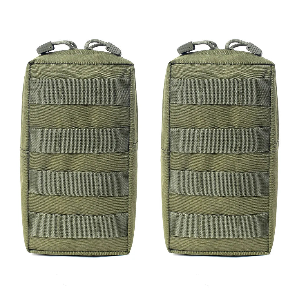A pair of olive green tactical MOLLE utility pouches with webbing and straps.