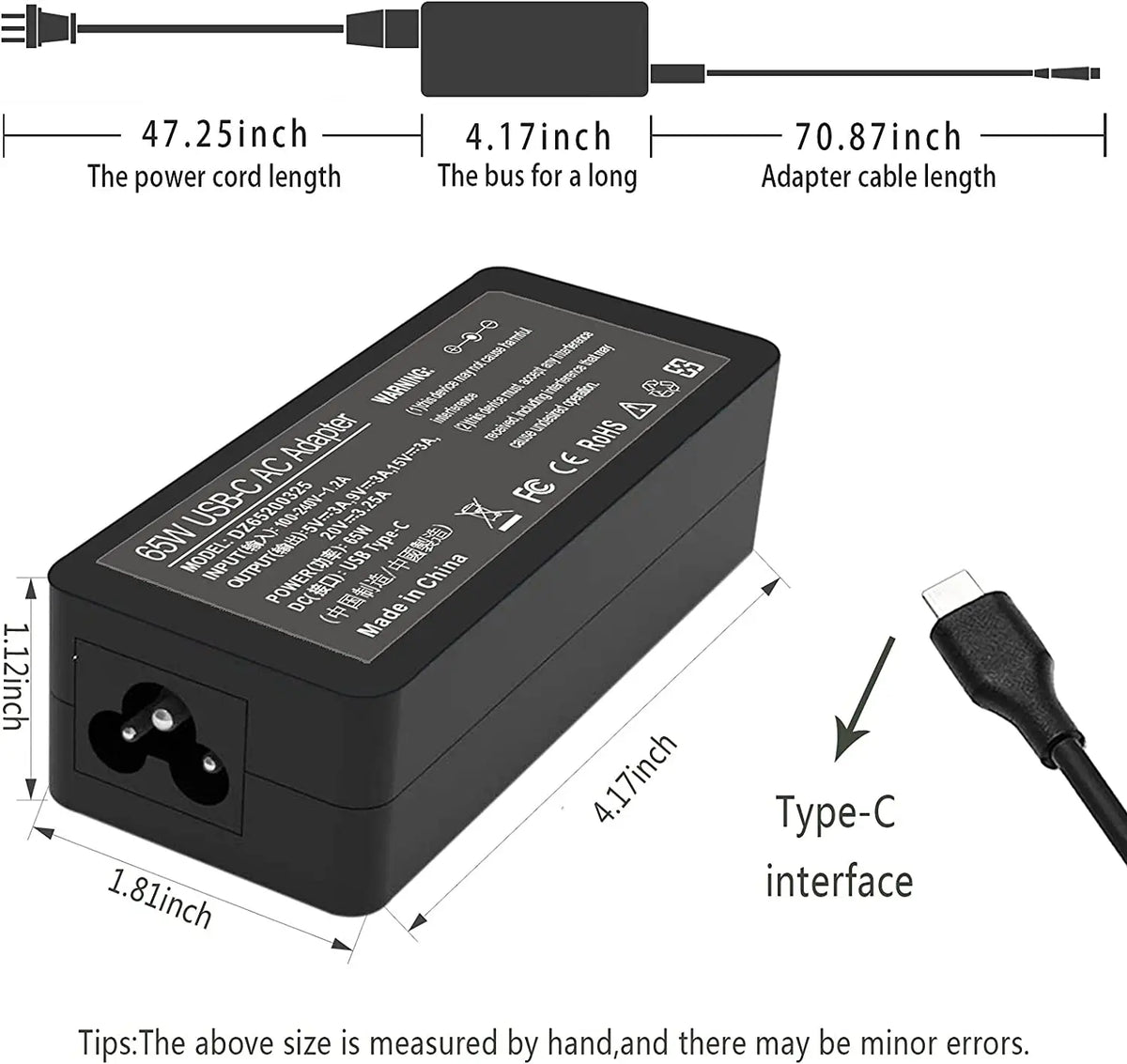 A black USB-C AC adapter with various cable lengths and a Type-C interface.