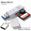 White USB 3.0 SD and TF 2-in-1 card reader with an SD card and a microSD card visible.