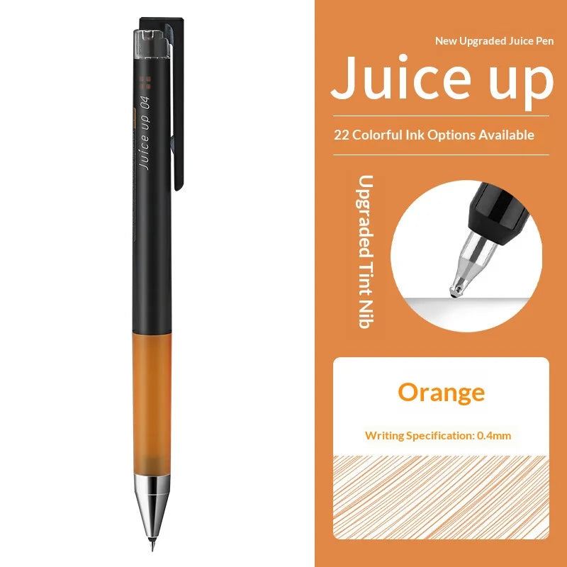 A black and orange Pilot Juice Up fine point gel pen is shown next to information about its writing specification.